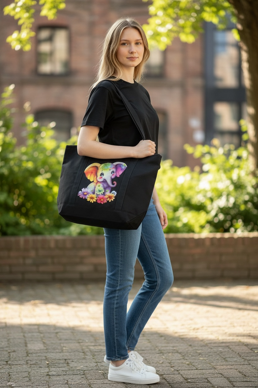Colorful Baby Elephant Black Zippered Tote Bag