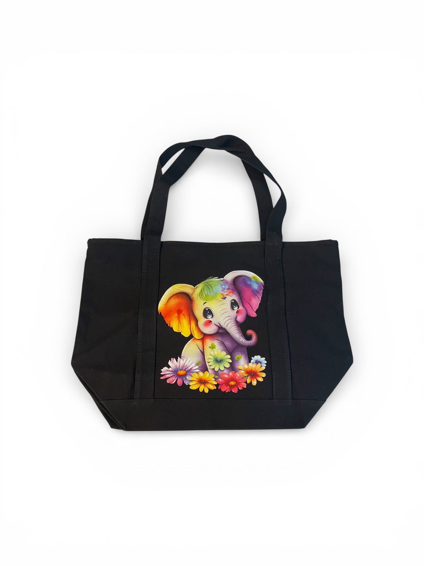 Colorful Baby Elephant Black Zippered Tote Bag