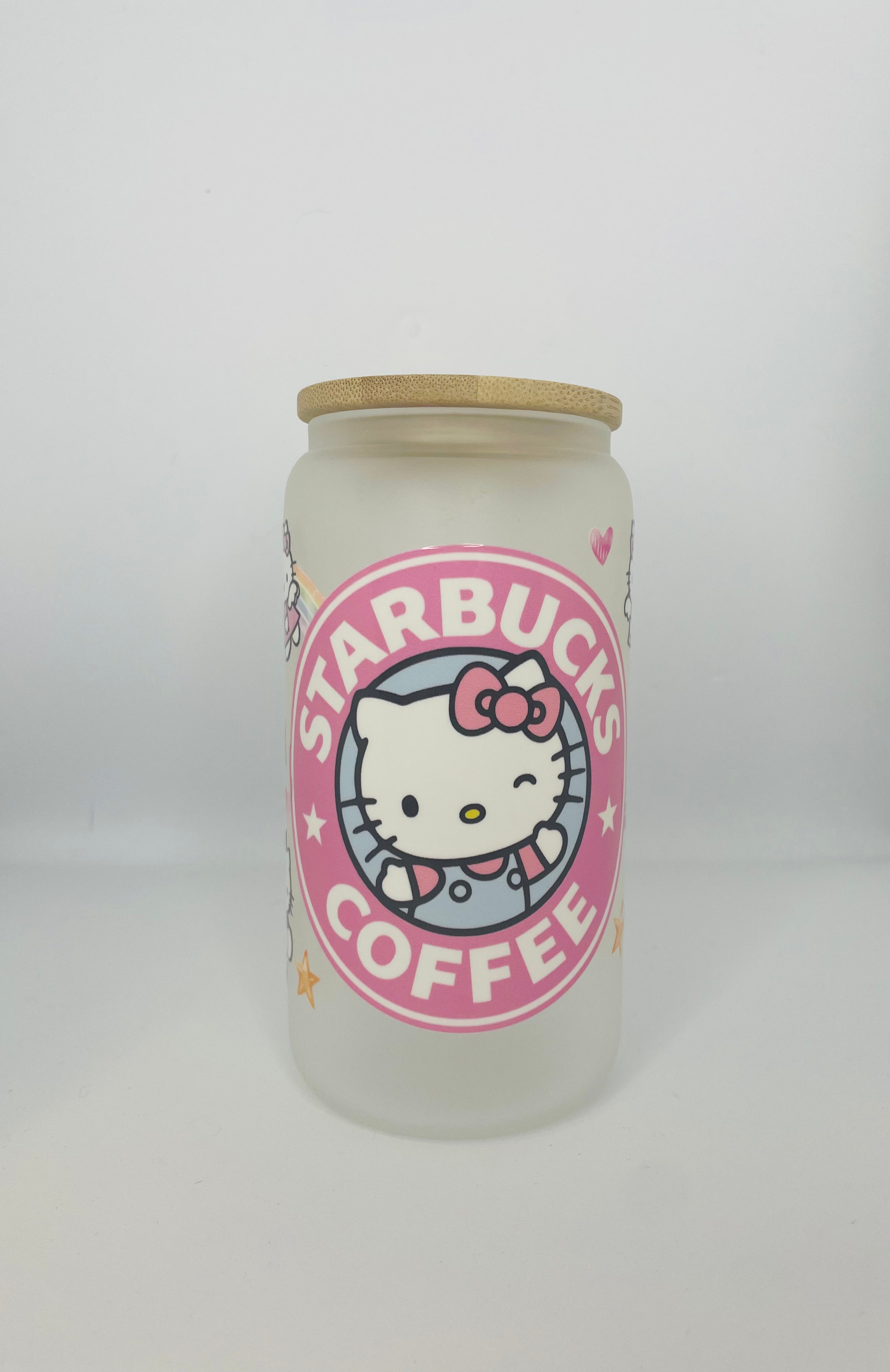 Kuromi Frosted Glass Can with bamboo lid and straw